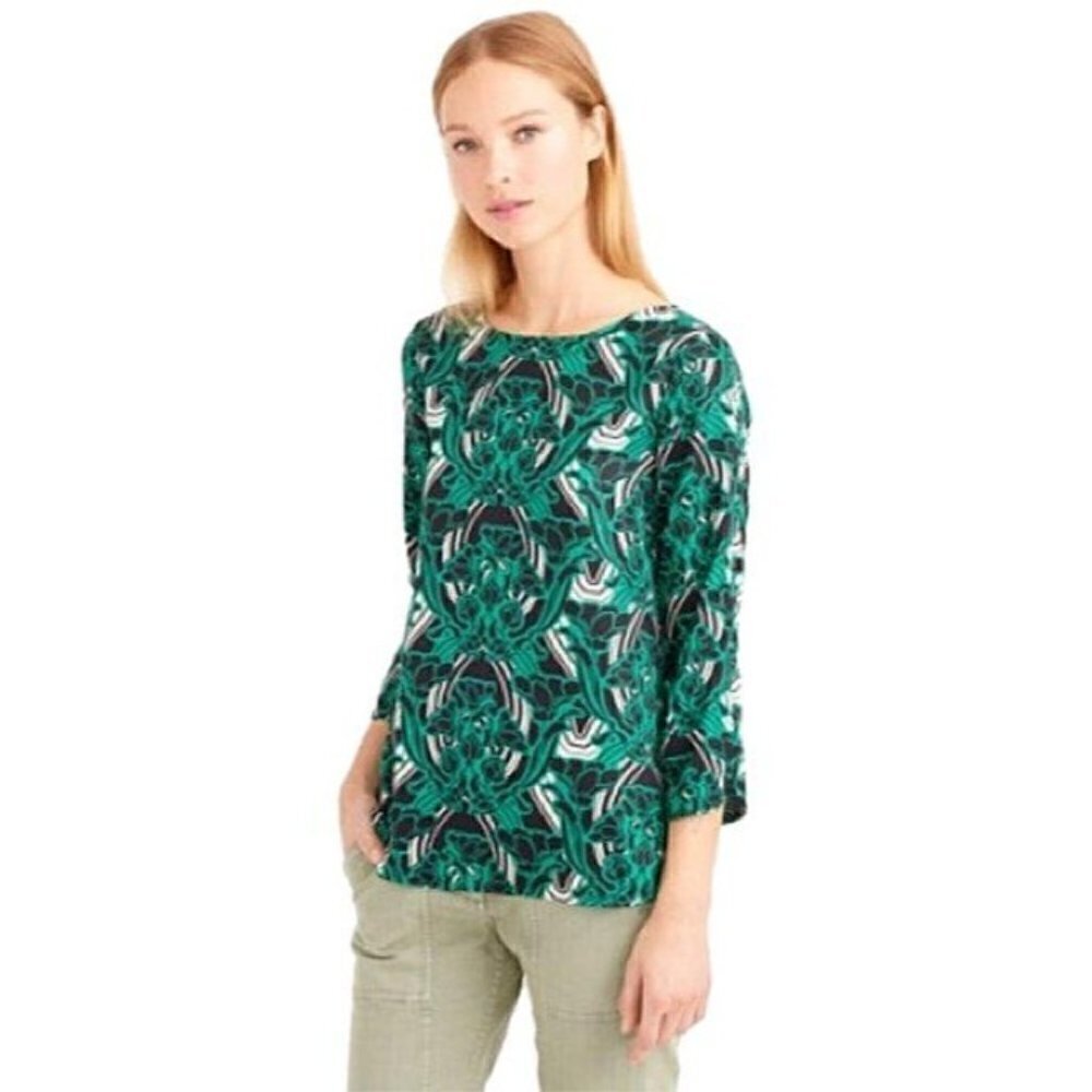 J. Crew Green & Black Printed Long Sleeve Boatneck Blouse 8